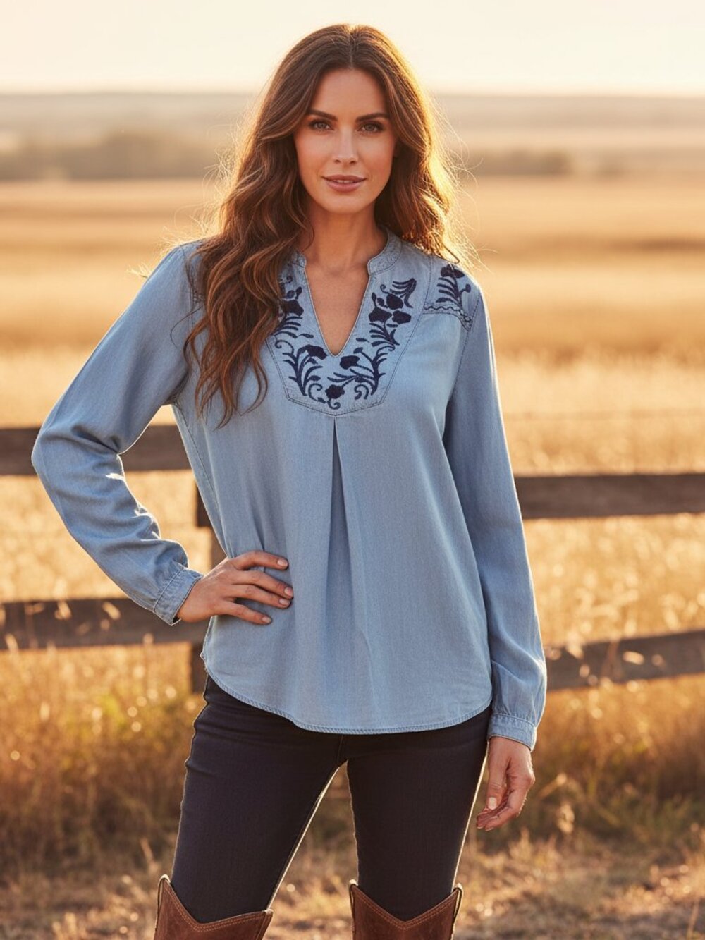 Standard‎ Grace S Women's Top Tunic Blue Chambray Embroidered Tunic Boho Chic